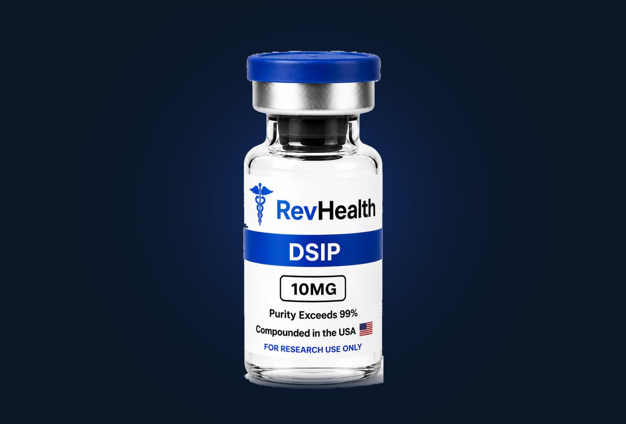A RevHealth DSIP 10mg research vial, lit against a deep navy background.